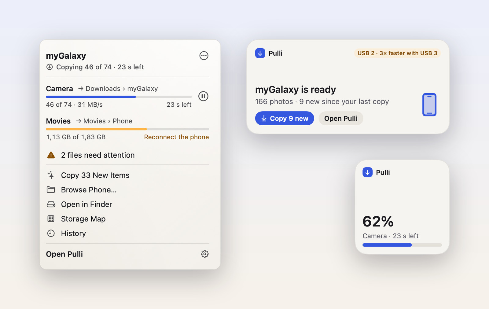 Pulli's menu bar panel showing two copies, and two desktop widgets: phone ready with a Copy 9 new button, and a copy at 62 percent