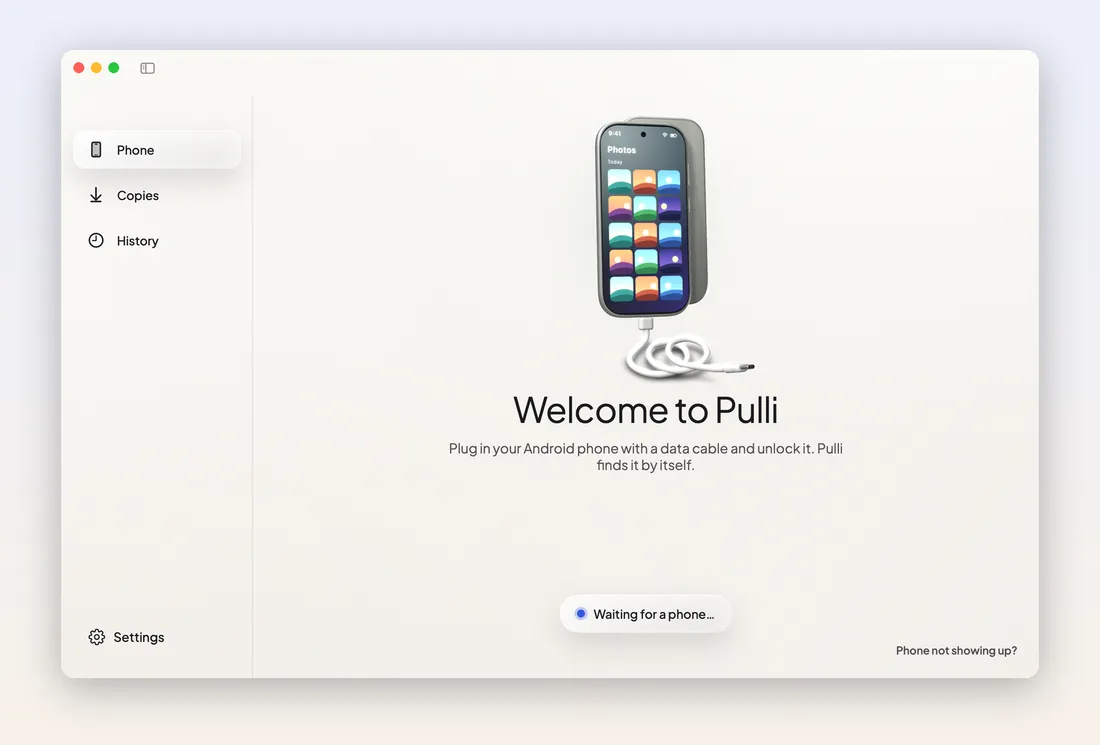 Pulli in action: the phone is found, its photos are ready, the copy runs, the cable is pulled at 62 percent, Pulli waits, then carries on by itself to Copy complete